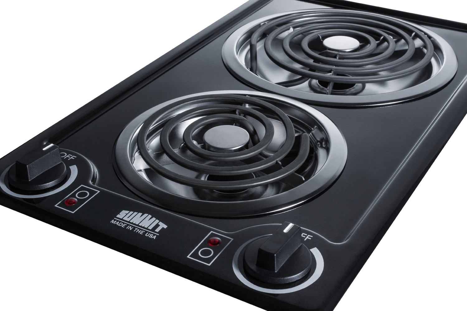 115V 2-burner coil cooktop in black porcelain with cord included; made in the USA